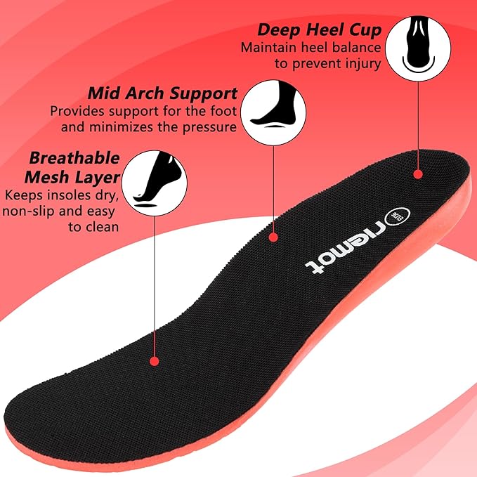 riemot Fitness Running Insoles for Men Comfortable Arch Support Inserts Plantar Fasciitis Relief Insole Cushioning Athletic Gel Insert for Sneakers,Hiking Shoes Black US13/ EU46