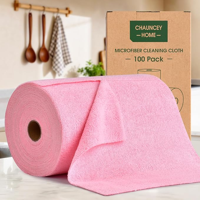 Microfiber Cleaning Cloth Roll–100 Pack, Tear Away Microfiber Towels, Reusable, Washable, Scratch-Free, Kitchen Towels for Car, Home, Kitchen, Glass, Dishes(Pink)