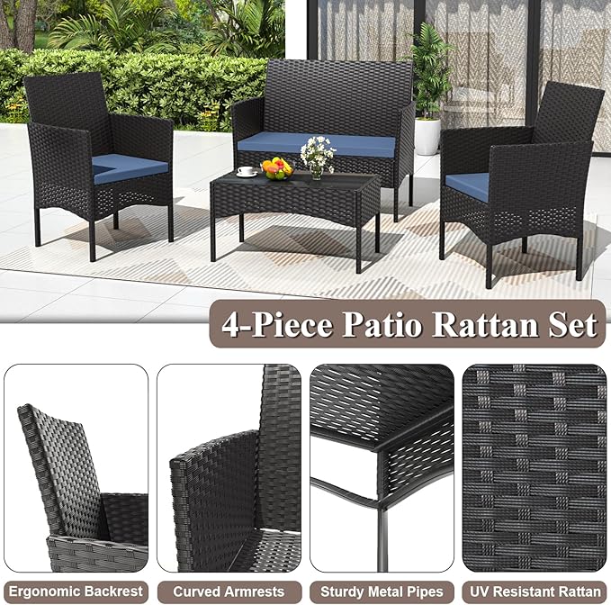 ASJMR 4 Piece Patio Rattan Conversation Set, Outdoor Rattan Chair Wicker Furniture Set, Couple Seats and Tempered Glass Table,Comfort Seat for Patio, Pool or Backyard