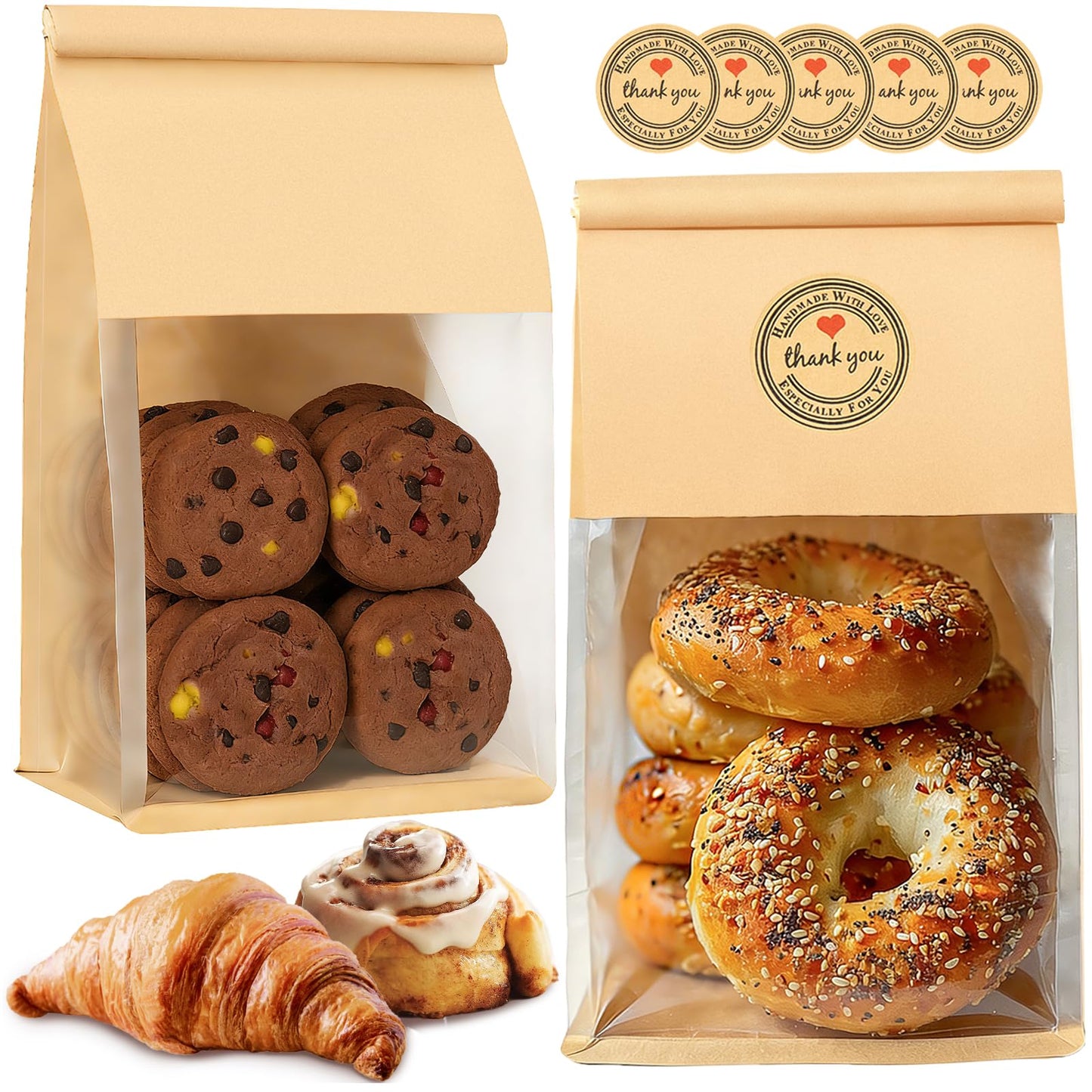 50 PCS Bread Bags for Homemade Breads, 11x5.1x3.9 Inch Resealable Cookie Bags with Tin Tie Tab Lock, Paper Bakery Bag with Window for Packaging Bagels, Muffin, Scone, Brownie, Baked Goods Storage