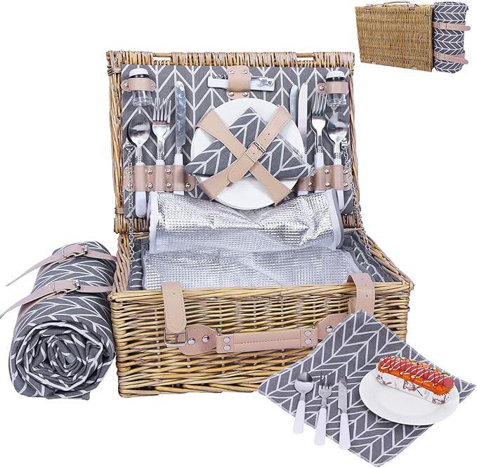Neti Neti Wicker Picnic Basket for 4 with Insulated Cooler & Waterproof Blanket – Large Willow Picnic Hamper for Outdoor, ...