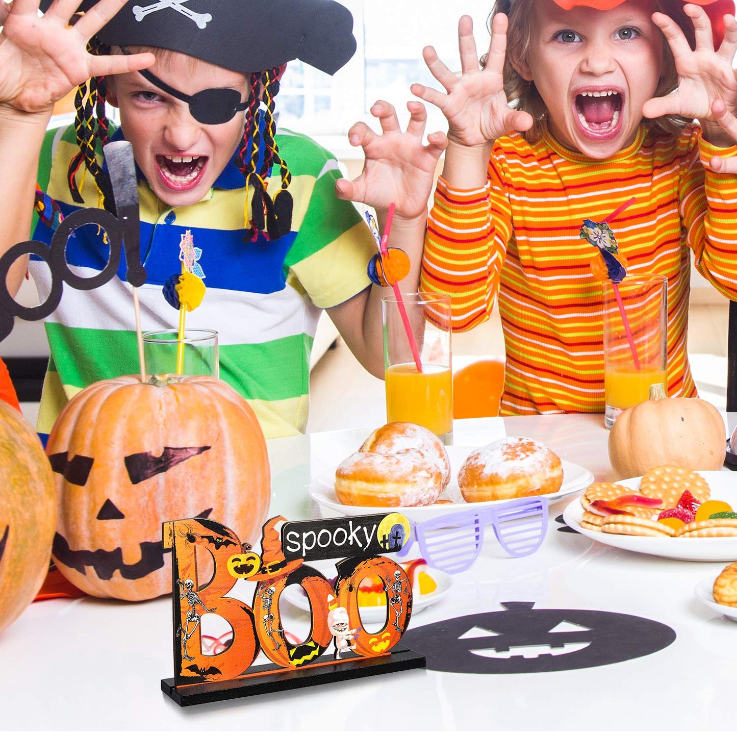 Blulu 3 Happy Halloween Table Decorations, Pumpkin Table Centerpieces Boo Sign Wooden Candy Day for Halloween Party Dinner Coffee Table Topper Tier Tray Room Decor, 7.87 x 4.72 Inch