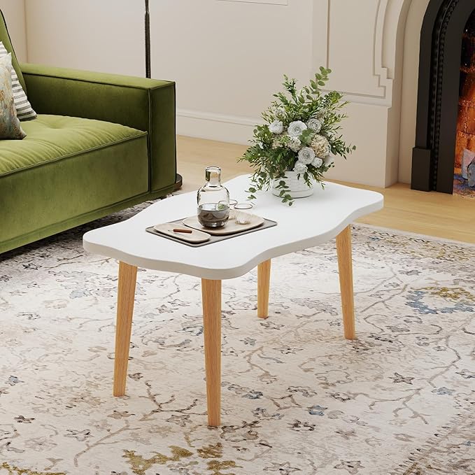Funecy Cookie Coffee Table Low Table with 4 Solid Wood Sturdy Legs, Floor Table Desk for Sitting on The Floor, Storage and Living Room Furniture (White)