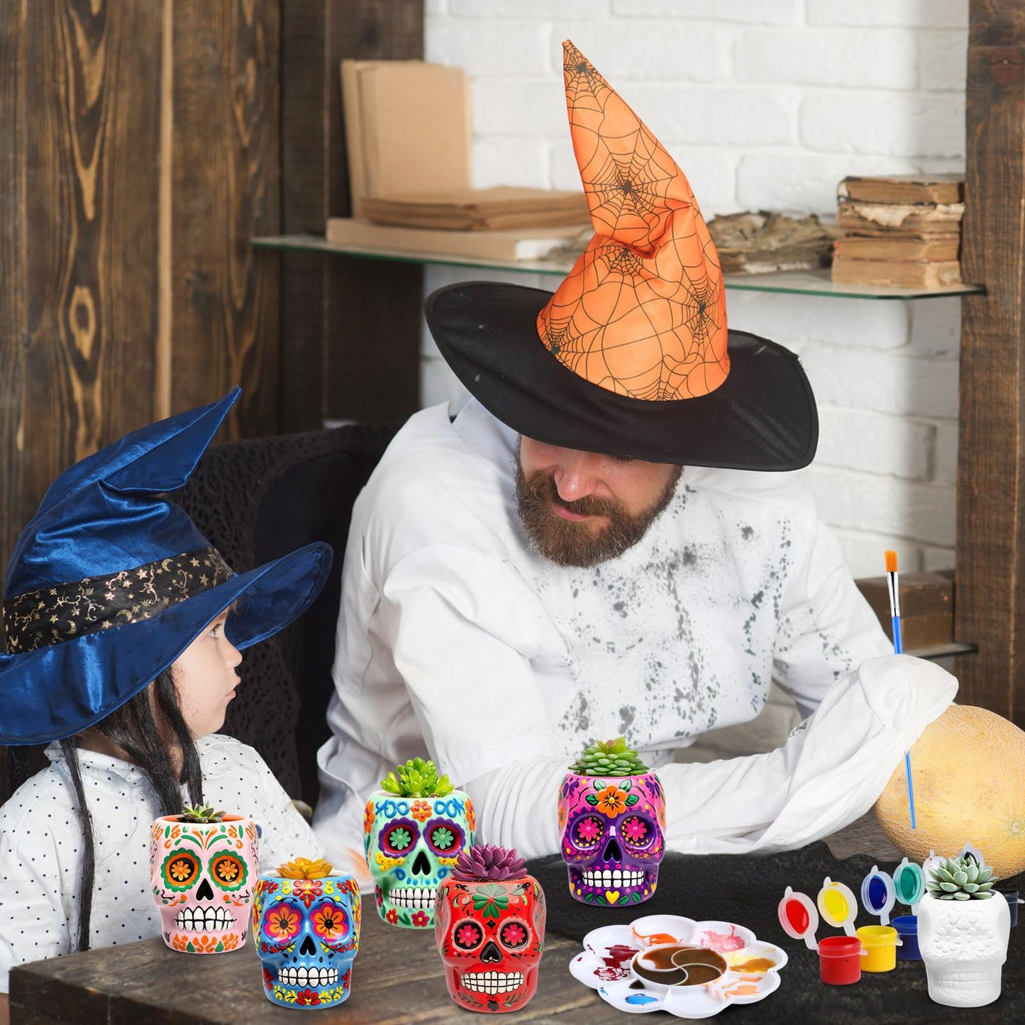 Pasimy 6 Set DIY Ceramic Succulent Planter Pots Paint Your Own Flower Pots Craft Kit Unpainted Bisque Paintable Flowerpot with Brush Palette Ready to Paint for Family Activity Gift (Skull)
