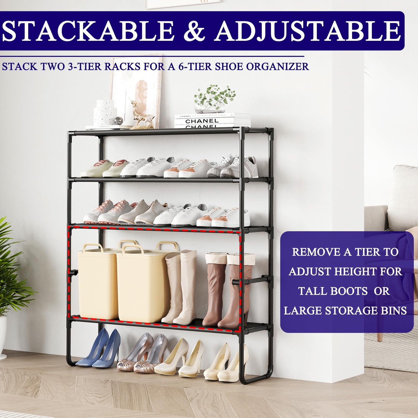 COAPUKT Long Shoe Rack, 3-Tier Stackable Shoe Organizer for Closet, Entryway, Hallway, Extra Bottom Layer, Holds 16-20 Pairs, Sturdy & Durable Waterproof Fabric Shelf, Space-Saving,Black