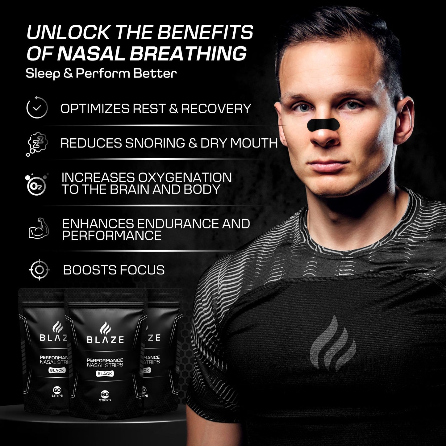 Performance Nose Strips for Breathing (60 Count) - Oil & Sweat Proof Adhesive - Athletic Nasal Strips for Snoring & Sleeping - Black, Wide, Universal Fit, Extra Strength Snoring Solution for Sleep