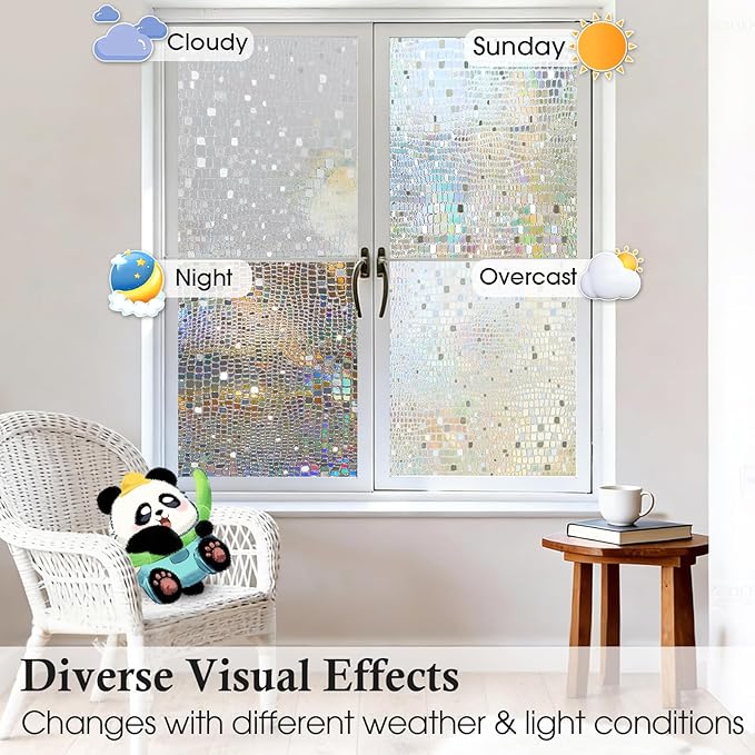 Windimiley Rainbow Window Privacy Film, 3D Stained Glass Christmas Decorative Window Clings, UV Heat Blocking Holographic Prism Stickers for Home(11.8 x 78.7In,Pure)