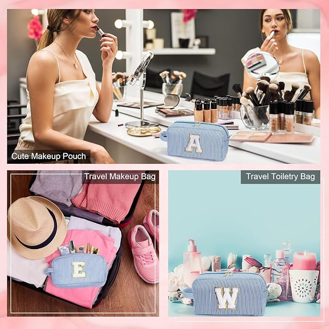 YOOLIFE Initial Cosmetic Bag for Women - Monogram Cute Initial Blue Makeup Bags Toiletry Pouch Make Up Case for Women Her Best Friend Friendship Sister Teacher, Personalized Birthday Gifts for Women O