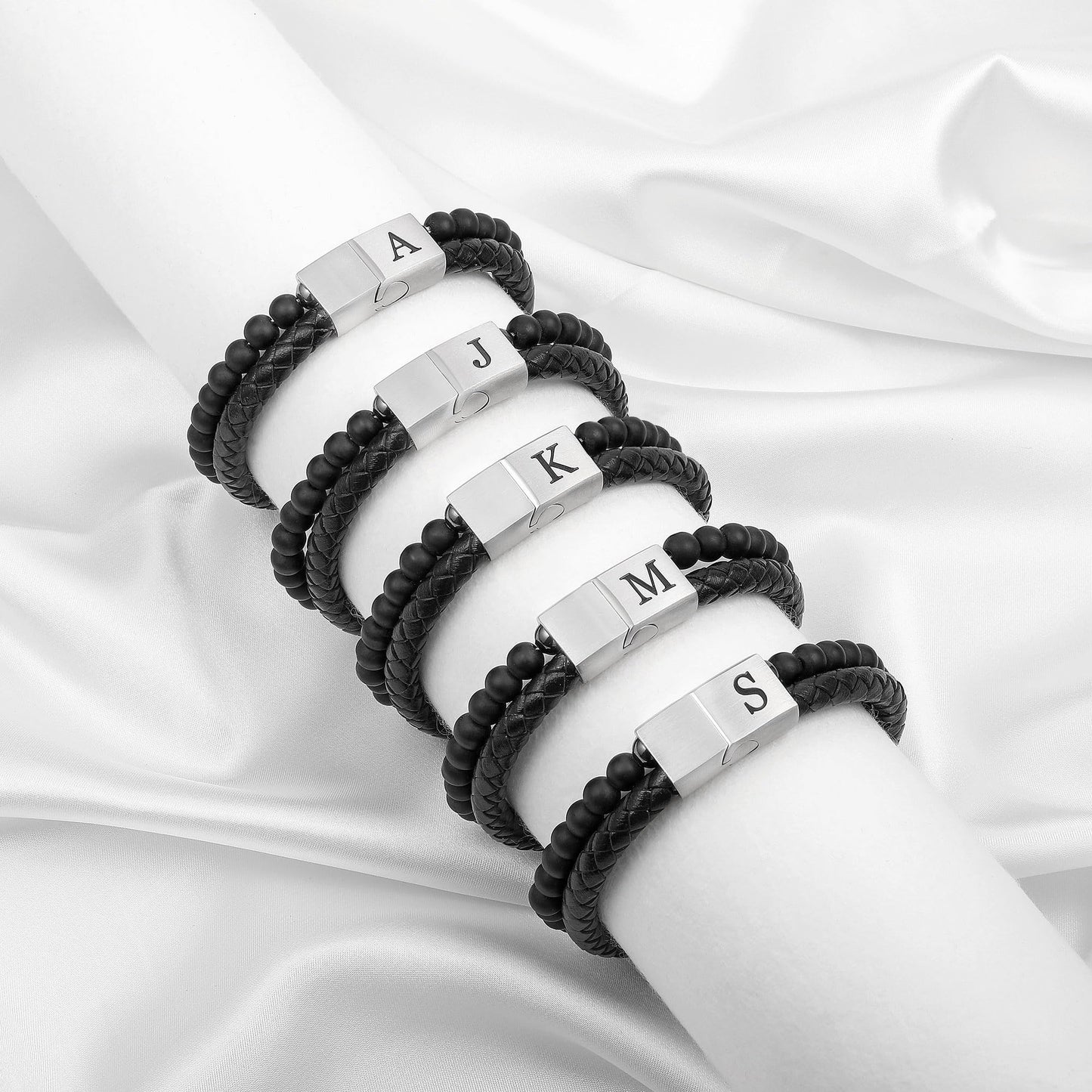 LUXEJEW Mens Bracelet - Letter M Initial Bracelet for Men Black Beaded Bracelets for Men 6mm Matte Agate Beads Stone Mens Leather Bracelets Birthday Gifts for Son Dad Husband