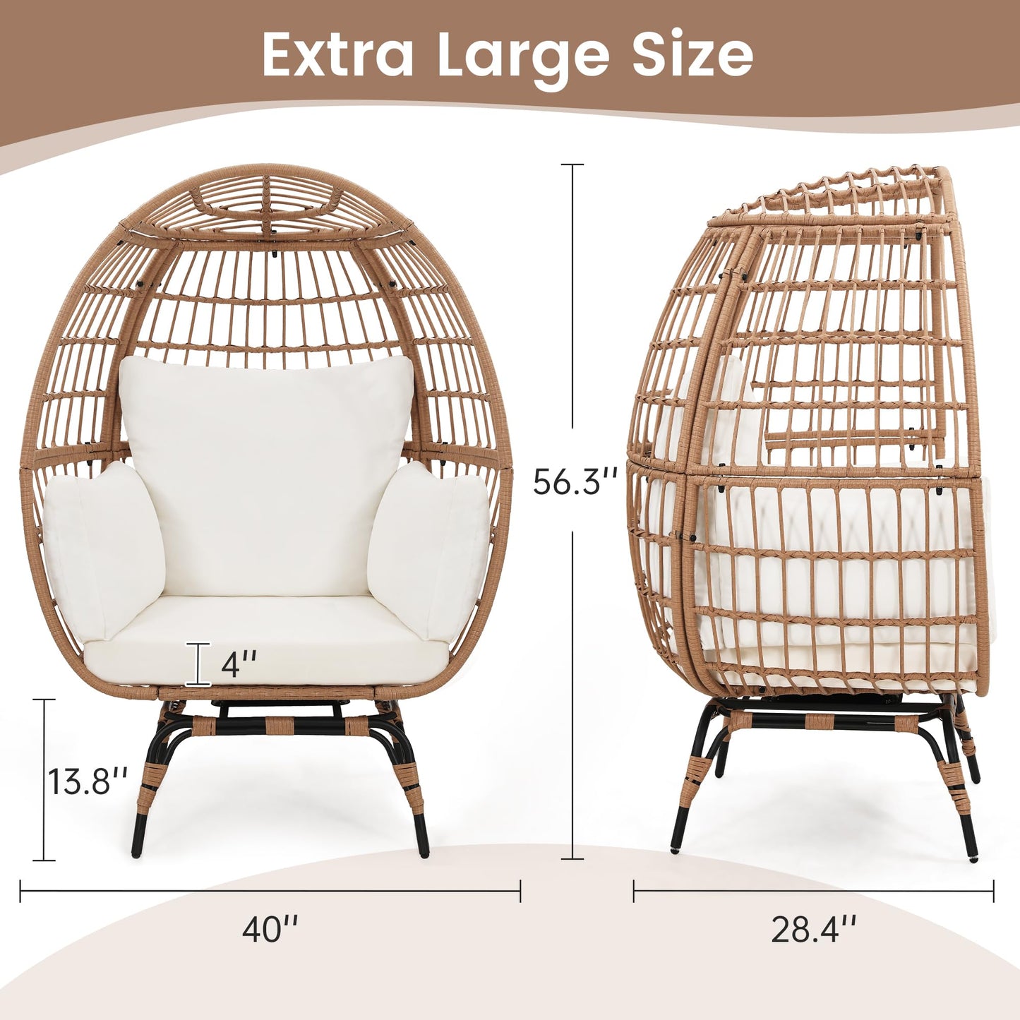 Murago Oversized 360 Swivel Rattan Egg Chair for Adult, Indoor Outdoor Patio Large Wicker Egg Chair with Overstuffed Cushions, 440lb Weight Capacity, Natural Rattan with Beige Cushion