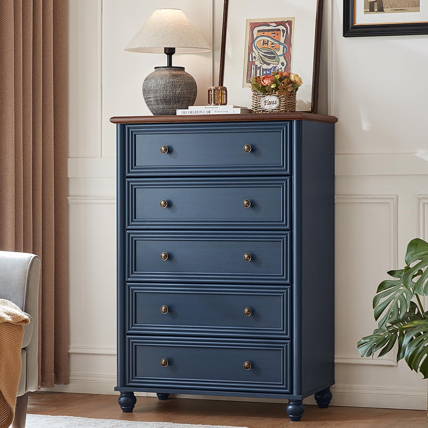 RWYHG Farmhouse Dressers and Nightstand Set of 3,Wood 31.5" Wide 5 Drawer Dresser 18'' Narrow Side Table with Charging Station,Roman Column Bedroom Furniture Dressers Sets for Home Living Room Hallway