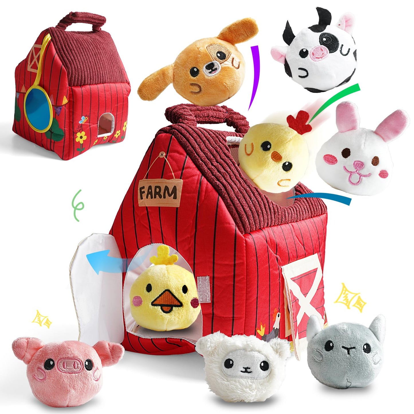 YideOtmz Baby Montessori Toys 6-12 Months, Busy Sensory Toys for Toddlers 1-3, Plush Big Red Barn with Stuffed Farm Animals, Rattle, Crinkle,Christmas Easter Birthday Gifts for Baby Boys Girls