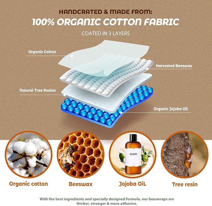 Akeeko Reusable Beeswax Food Wraps - Assorted 9 Packs, Reusable, Plastic-Free Food Storage, 5 Small, 2 Medium, 1 Large, 1 Extra Large Wraps with Boho Flowers Pattern