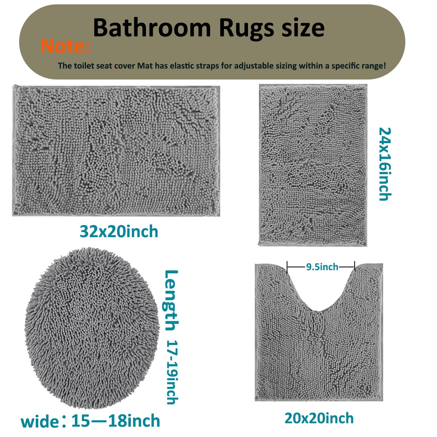 Bathroom Rugs Sets 4 Piece with Toilet Lid Cover, Non Slip Bathroom Mats Extra Soft Chenille Bath Rugs Absorbent Shaggy Rugs Perfect Plush Mats U-Shaped Toilet Rug and Toilet Cover Kitchen,Home Decor