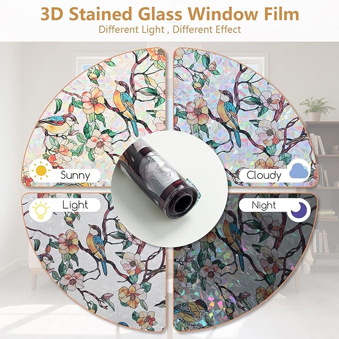 Kromapolis Window Privacy Film, Stained Glass Sticker Floral Window Clings, Decorative Static Clings UV Blocking Colorful Decals, Removable Vinyl Covering Rainbow Camellia, 23.6'' x 157.4''