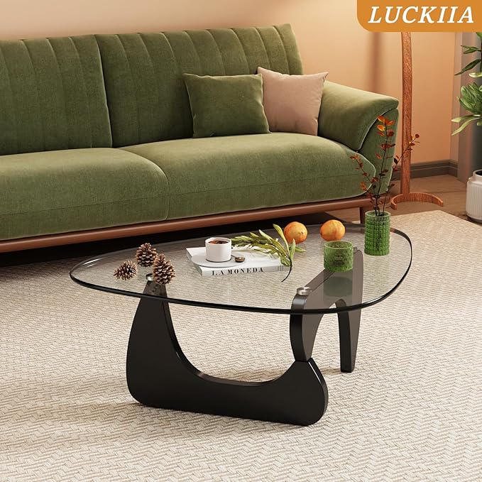 LUCKIIA Coffee Tables Glass Small Farmhouse Coffee Table Mid-Century Modern Wood Center Table for Living Room, Black Transparent, 32 Inch