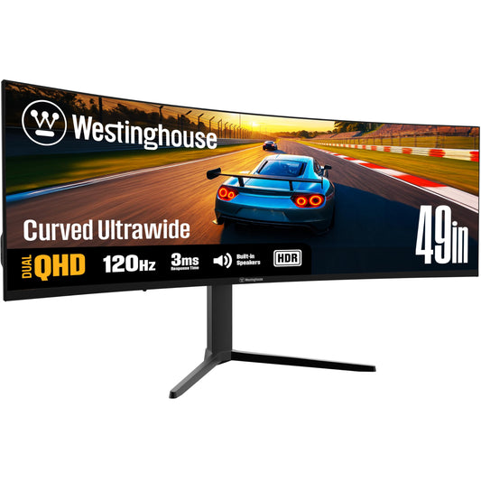Westinghouse 49 Inch Curved Gaming Monitor, UWDQHD(5120 x 1440P), 3000:1 Contrast Ratio, 124% sRGB, 120Hz, 1800R, AMD FreeSync, Eyecare, Built-in Speakers, Tilt/Height/Swivel, HDMI, DisplayPort, USB-C