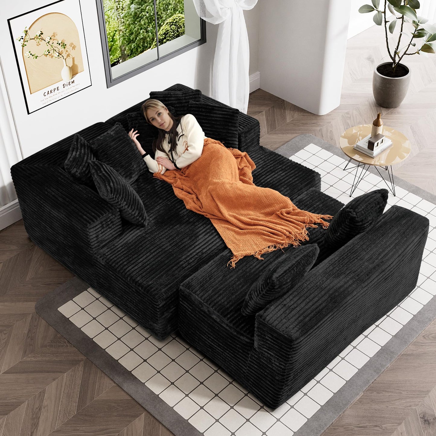 ONEMMLION 131" Modular Sectional Sofa Cloud Couch, Corduroy Memory Foam Black Sectional Couches for Living Room, Modern Deep Seat Boneless Sofa, Comfy Fluffy Plush U Shaped Couch with Chaise Lounge