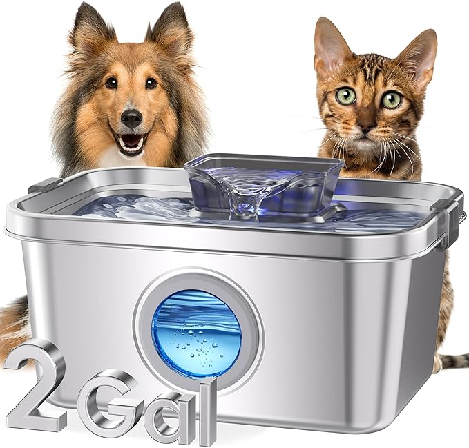 PETIMI Cat & Dog Water Fountain, 2 Gallon 304 Food Grade Stainless Steel Pet Water Fountain, Ultra Quiet Dog Water Bowl Di...