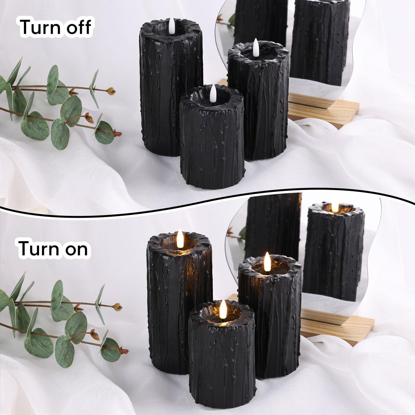 Eywamage Black Dripping Wax Flameless Pillar Candles with Remote, Flickering Halloween LED Candles Battery Operated Set of 3