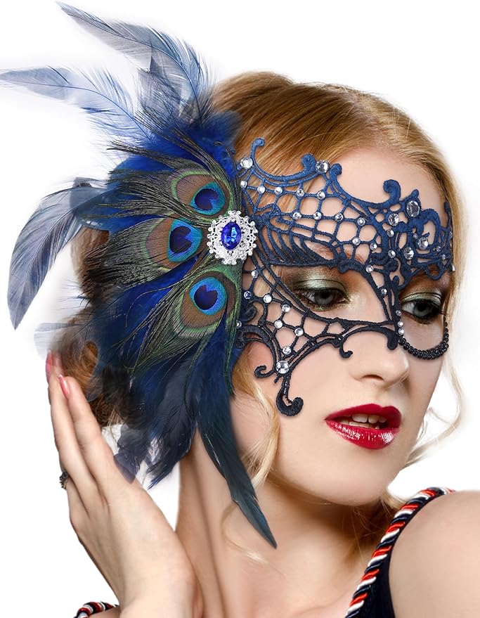 Zinniday Halloween Masquerade Masks for Women - 2026 Peacock Feather Lace Mask 1920s Venetian Eyemask for Party