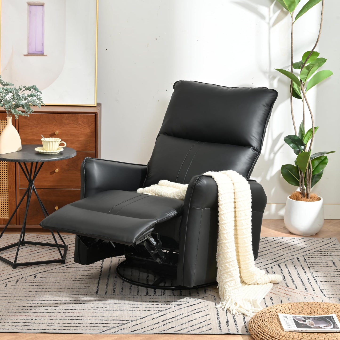 KEIKI 270 Degree Power Swivel PU Leather Power Recliner Chair, Nursery Recliners, Home Theater Recliner Chair, Electric Glider Reclining Sofa with USB Ports, Black