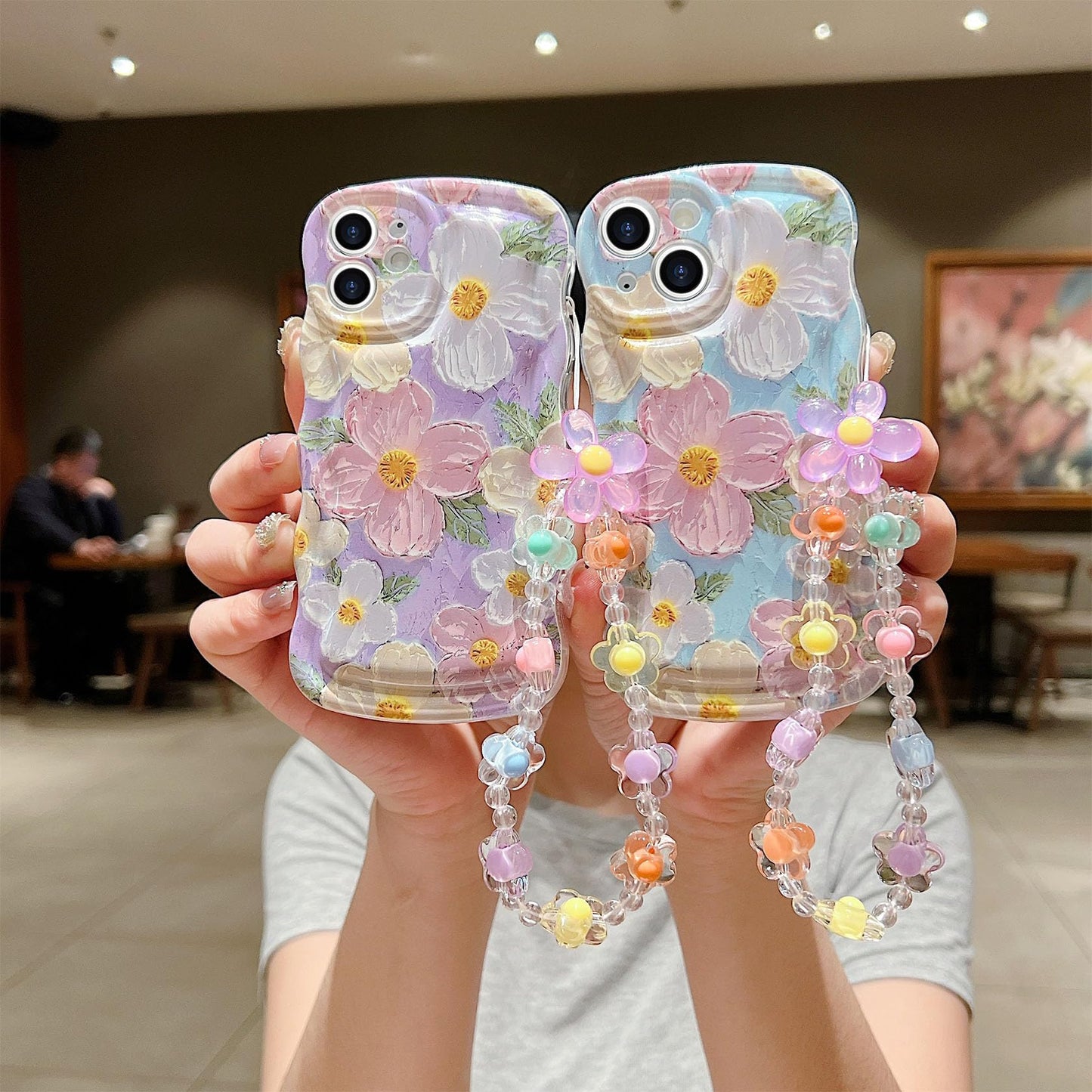 For Iphone 13 Mini Curly Wavy Case, Cute Colorful Retro Oil Painting Flower Glossy Pattern [With Bead Chain], Slim Fit Shockproo