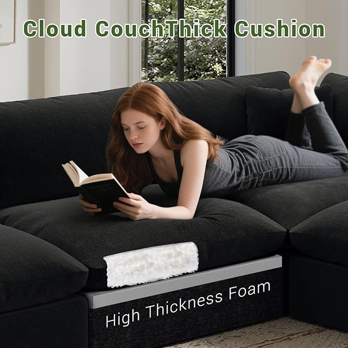Intuition Decor Oversize Cloud Modular Sectional Sofa,Chaise Down Filled Comfort Sofa Detachable Couch Cushion Covers for Living Room Apartment,Black