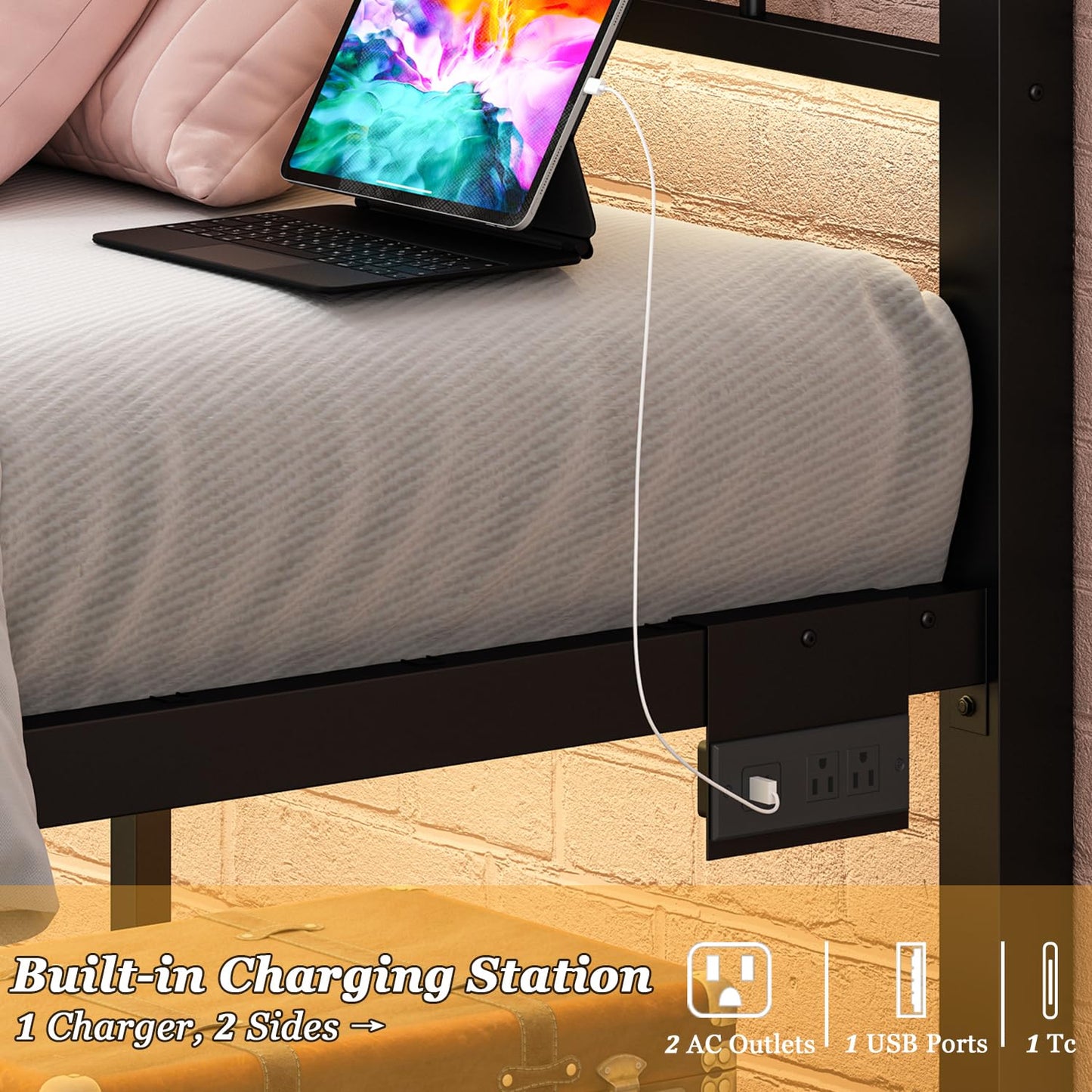 Jenmit Twin Bed Frames with Headboard, LED Bed Frame with Charging Station, Metal Platform, Under-Bed Storage, No Box Spring Needed, Noise Free, Easy Assembly, Black