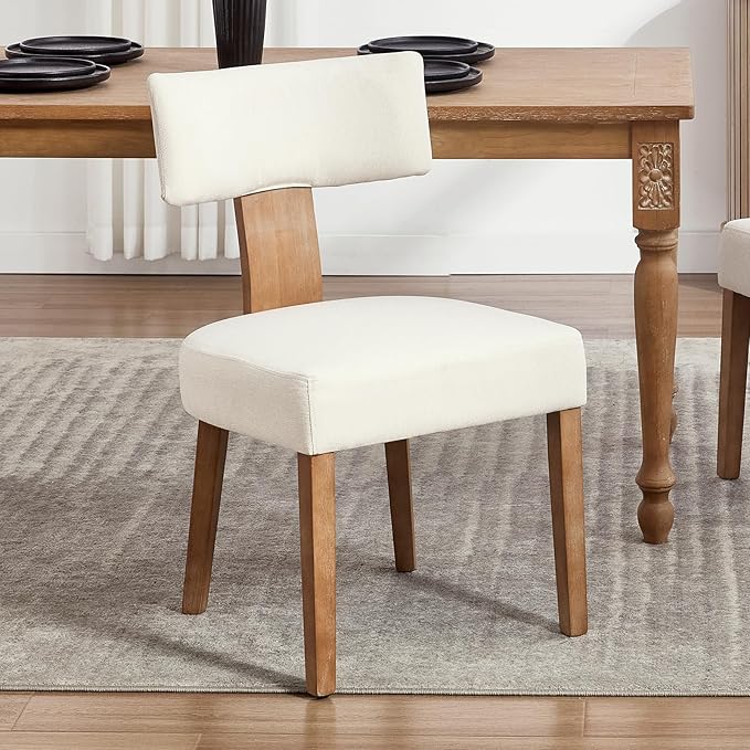 KHISCHMO Mid Century Modern Dining Chairs, Upholstered Linen Fabric Chairs with Curved Backrest and Wood Legs, Comfy Kitchen Vanity Chair for Dining Room/Living Room/Kitchen, Set of 2 Beige
