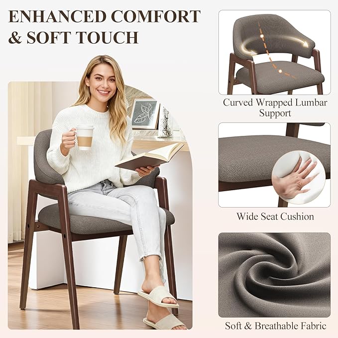 MALOL Wooden Dining Chairs Set of 4, Modern Fabric Upholstered Dining Room Chair, Kitchen Side Chairs, Farmhouse Dinner Chair with Curved Open Back for Kitchen, Camel
