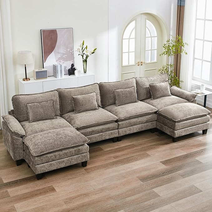 URRED Cloud Couch Modular Sectional Sofa, 157" Modern U Shaped Deep Seat Sofa with 2 Ottomans & Pillows, Ultra Comfy Chenille Couches for Living Room, Bedroom or Apartment, Khaki