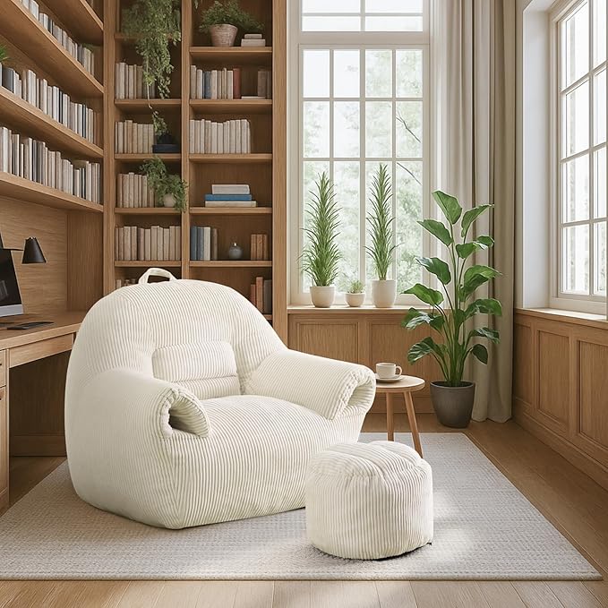 Peace nest Bean Bag Chair with Memory Foam Filled Ultra Soft Corduroy Cover for Adults Comfy Fur Bean Bag Chairs with Armrests Ottoman for Bedroom Living Room Office Dorm Reading Beige