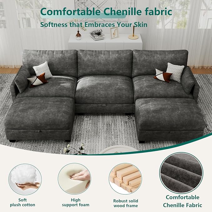 OhaiAura Modular Sectional U Shaped Sofa Couches for Living Room, Cloud Couch with Storage Ottoman, Comfy Chenille Sofa with Pillow, Dark Gray