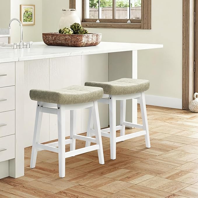 RNKSFX Counter Height Bar Stools Set of 3 for Kitchen Counter Farmhouse Modern Barstools with Faux Leather Upholstered Backless Seat and Solid Wood Legs 24 inch Bar Chairs, Light Grey + White
