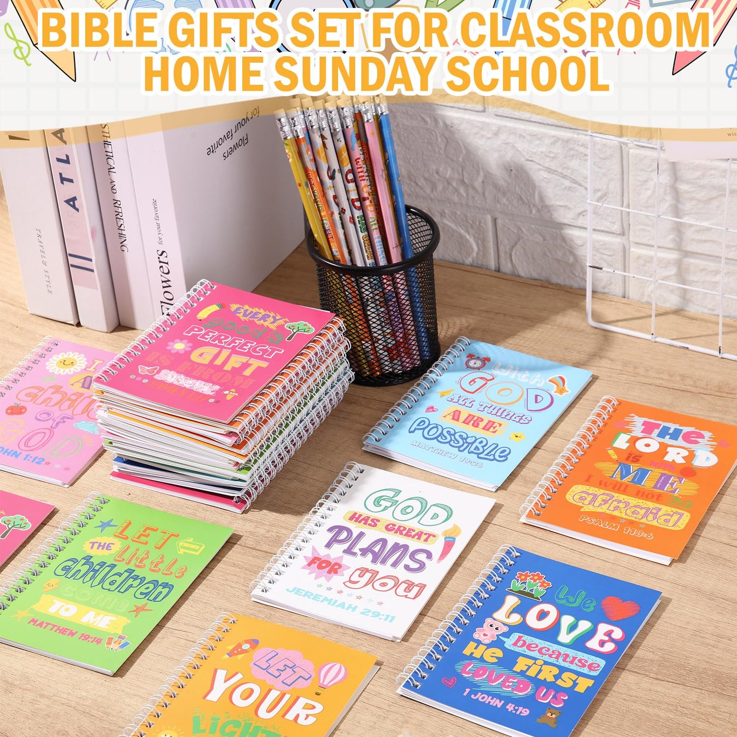 Crtiin 48 Pcs Include 24 Bible Verse Notepad 24 Pencils Kids Christian Church Gifts Students Classroom Award Religious Notebook Bible Pencils Prayer Pocket Sunday School(Classic Style,Eclectic)