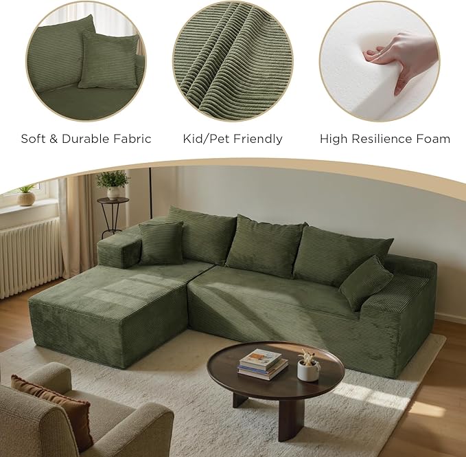 Green Sectional Couches for Living Room, Boneless Couch with L-Shape Chaise, Modular Sofa in Box with Deep Seat, No Assembly Required