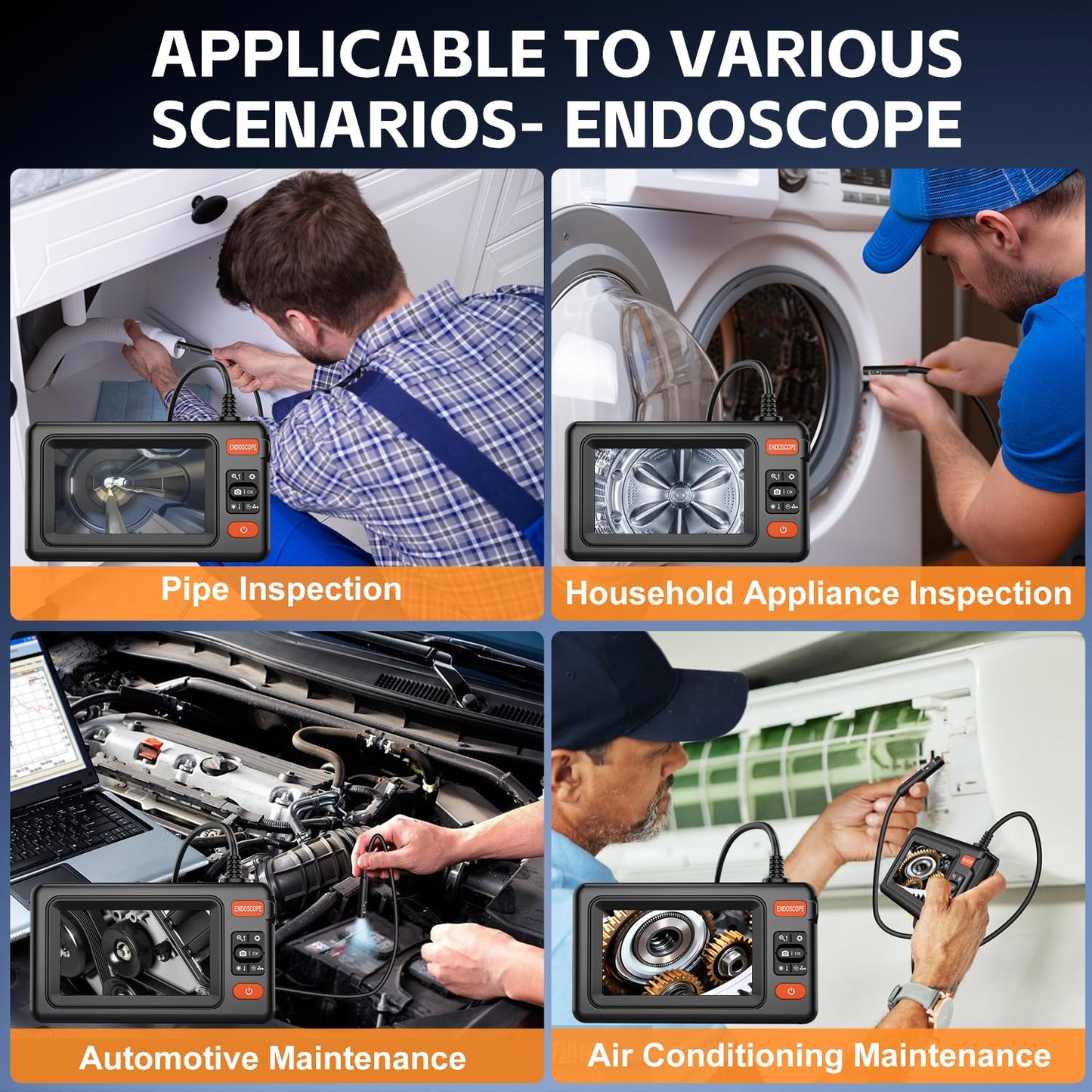 VXGDOE Dual Lens Endoscope Camera with Light, 1920P HD Borescope Camera with 4.3" LCD, 8 Adjustable LEDs, 16.4FT Semi-Rigid Cable & 32GB Card-IP67 Waterproof Inspection Borescope for Sewer/Drain/Pipe