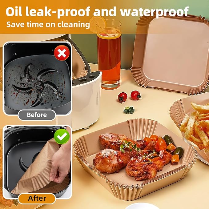 Air Fryer Paper Liners for 3-6 Qt, 4 qt Thickened Square 7.1 x 7.1 inch Disposable Parchment Liner Compatible with Ninja 5qt / Chefman 4-6 qt/Cosori 5qt / Instant Pot 4qt Airfryer