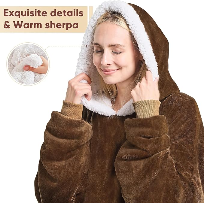 yescool Wearable Blanket Hoodie, Flannel Sherpa Fleece Blanket Sweatshirt for Adults Women Men,One Size Fits All