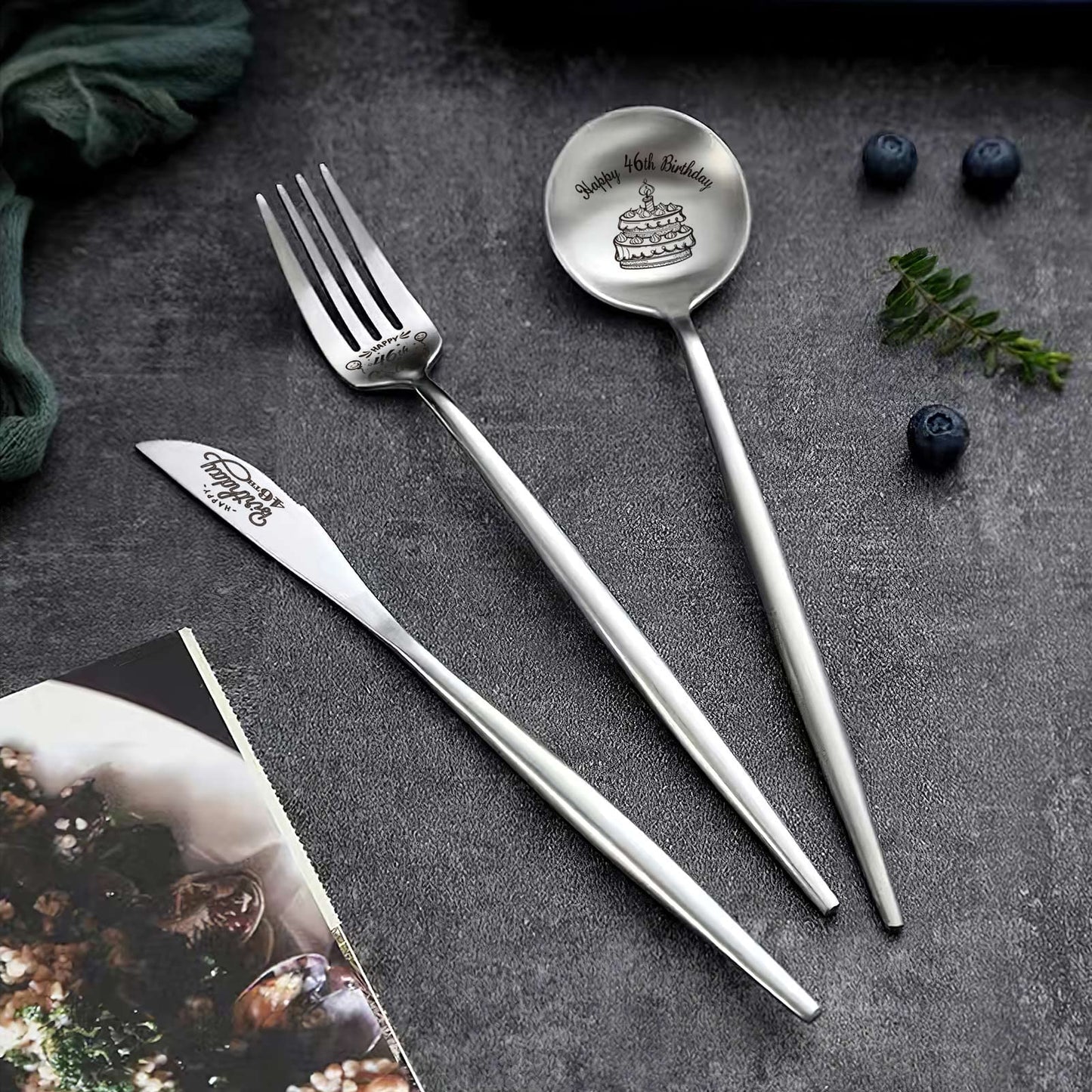 Happy 46th Birthday Spoon&Fork Gifts Engraved Cutlery Set Personalized Birthday Gifts for Son Daughter Sister Brother Friends