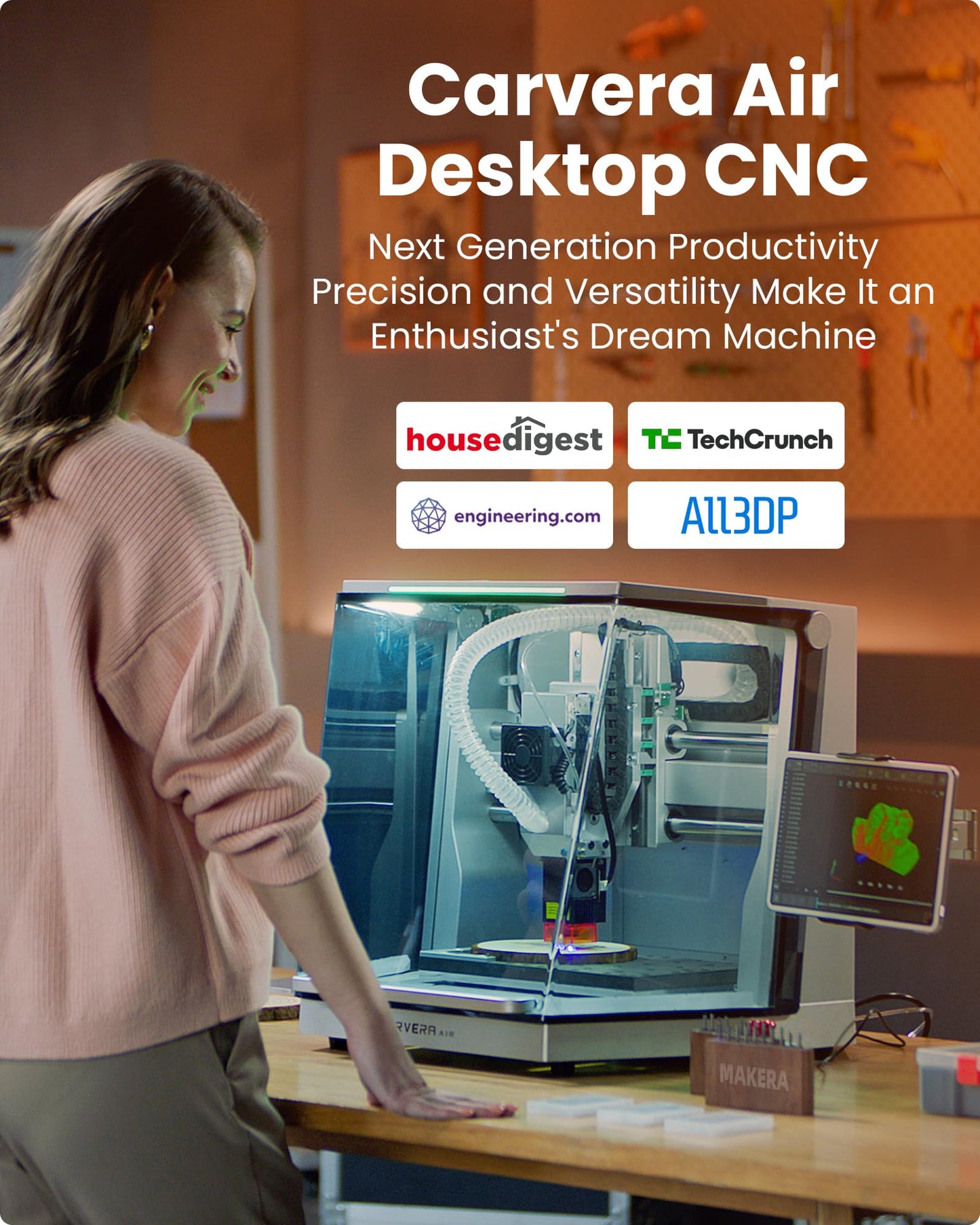 Carvera Air Desktop CNC with 4th Axis and Add-on Module, Compact Enclosed Mini CNC Mill, Quick Tool Changer Closed-Loop Control, Makera CAM, High Precision 4th Axis for DIY Makers Workshops Metal Wood