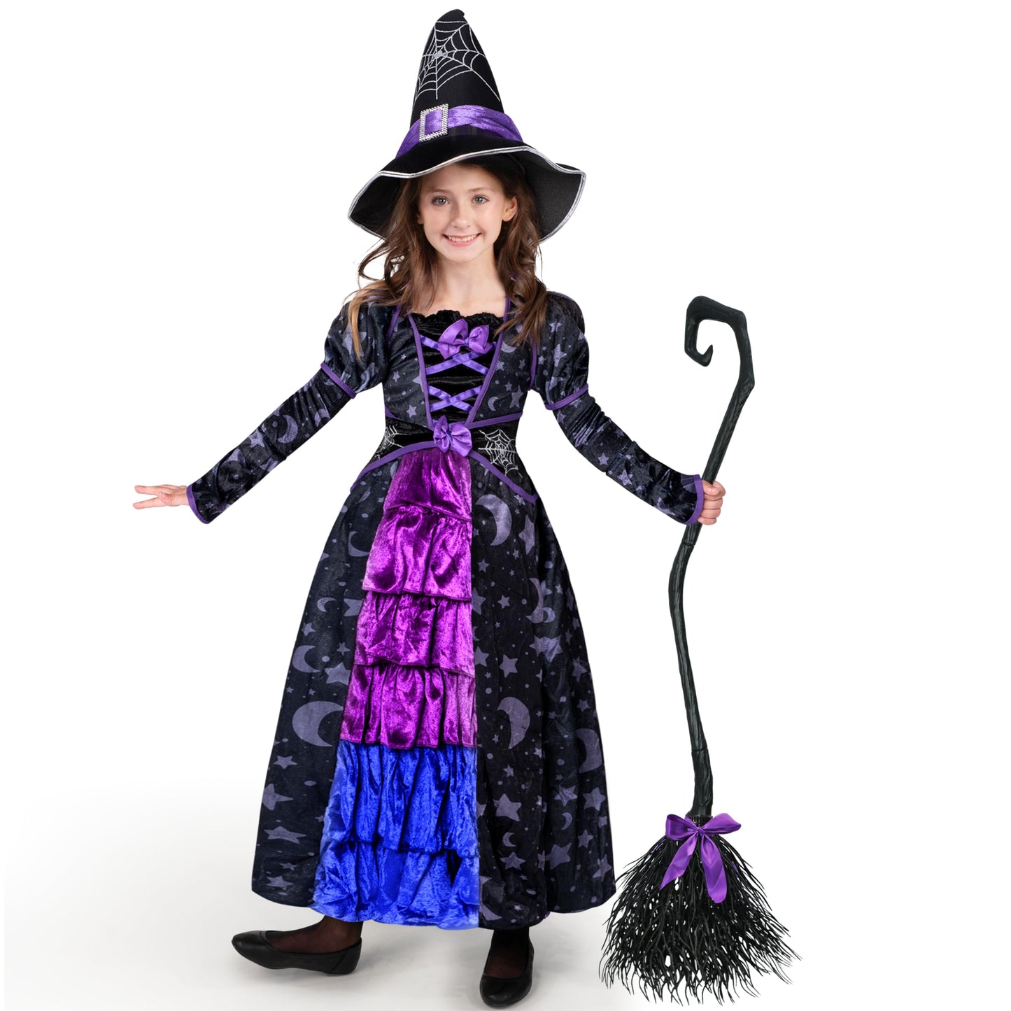 Spooktacular Creations Halloween Child Girl Purple Witch Costume, Toddler Stars and Moon Witch Dress for Kids Halloween Pretend Play Parties (Small (5-7 yr))