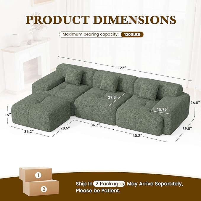 122" L Shaped Convertible Modular Couch, Cloud Couch Sectional with Ottoman, 4-Seater Chenille Boneless Couches for Living Room, Apartment, No Assembly, Green 1PCS