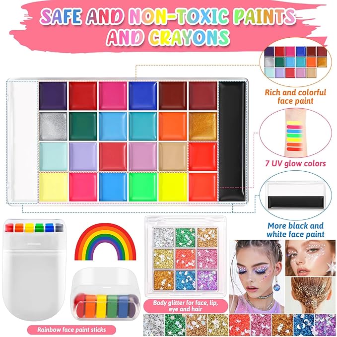 Professional Face Painting Kit, 26 Colors Oil Palette Face Paint with 6 Stencils, 41 Stencil Stickers, 10 Brushes, 9 Body Glitter, 2 Sheets Adhesive Gems, Rainbow Facepaint for Kids Party & Halloween