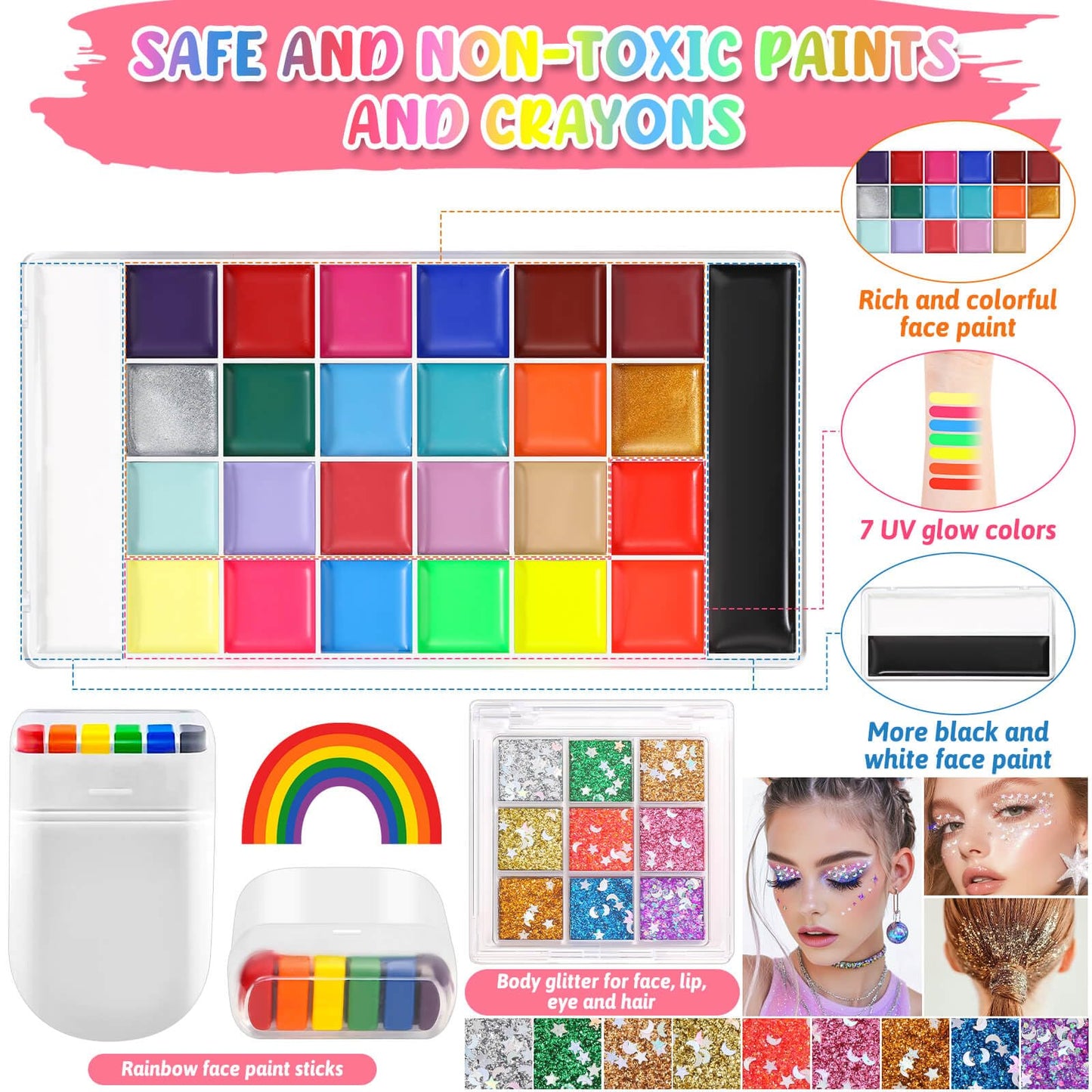 Professional Face Painting Kit, 26 Colors Oil Palette Face Paint with 6 Stencils, 41 Stencil Stickers, 10 Brushes, 9 Body Glitter, 2 Sheets Adhesive Gems, Rainbow Facepaint for Kids Party & Halloween