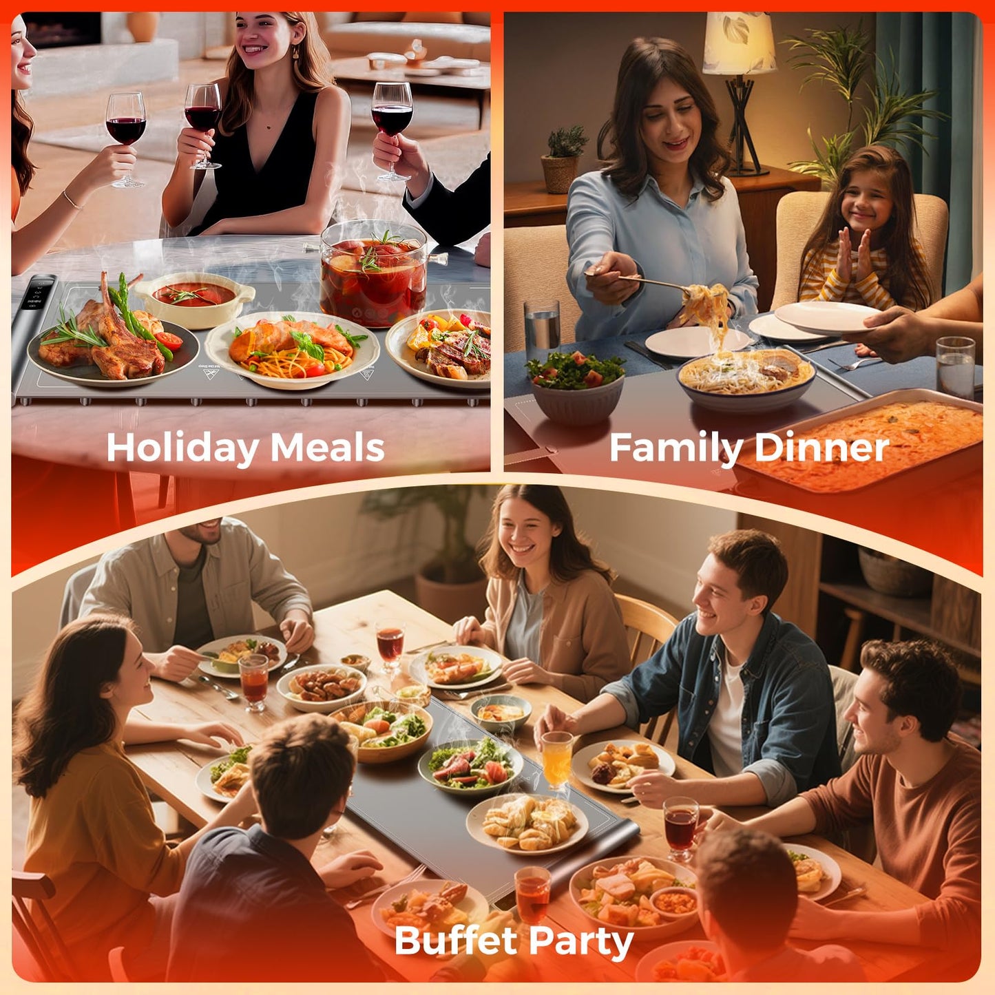 Warming Mat for Food | Max Temp 248℉,Fast Full-Surface Food Warmer with 8-Level Adjustable and Timer,Roll-Up & Portable Silicone Food Heating Pad with Child Lock,Electric Warming Tray for Buffet Party