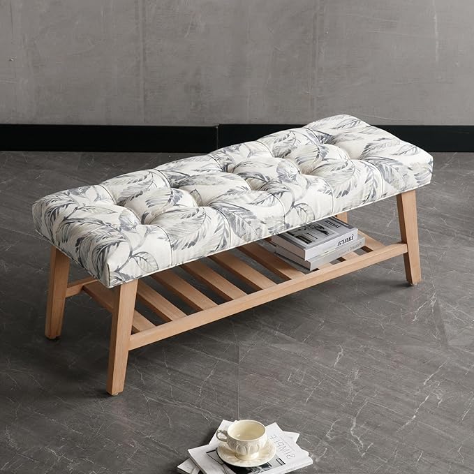 Janoray Entryway Shoe Bench Storage Benches with Upholstered Button Tufted Seat and Open Slatted Shelf Linen Shoe Rack for Hallway Living Room Bedroom End of Bed, Pattern