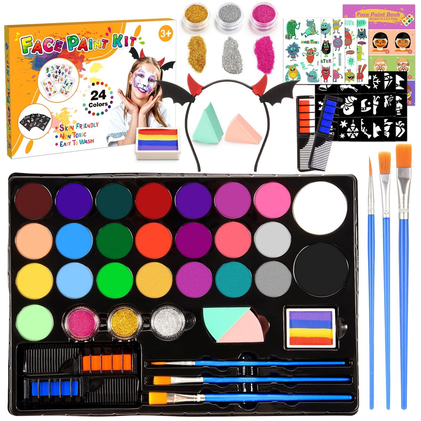 Face Painting Kit for Kids, 24 Colors Water Based Non-Toxic Face Paint with Stencils & Brushes, Professional Body Makeup Set for Halloween, Birthday, Parties with Guide Book Art and Craft Art Supplies