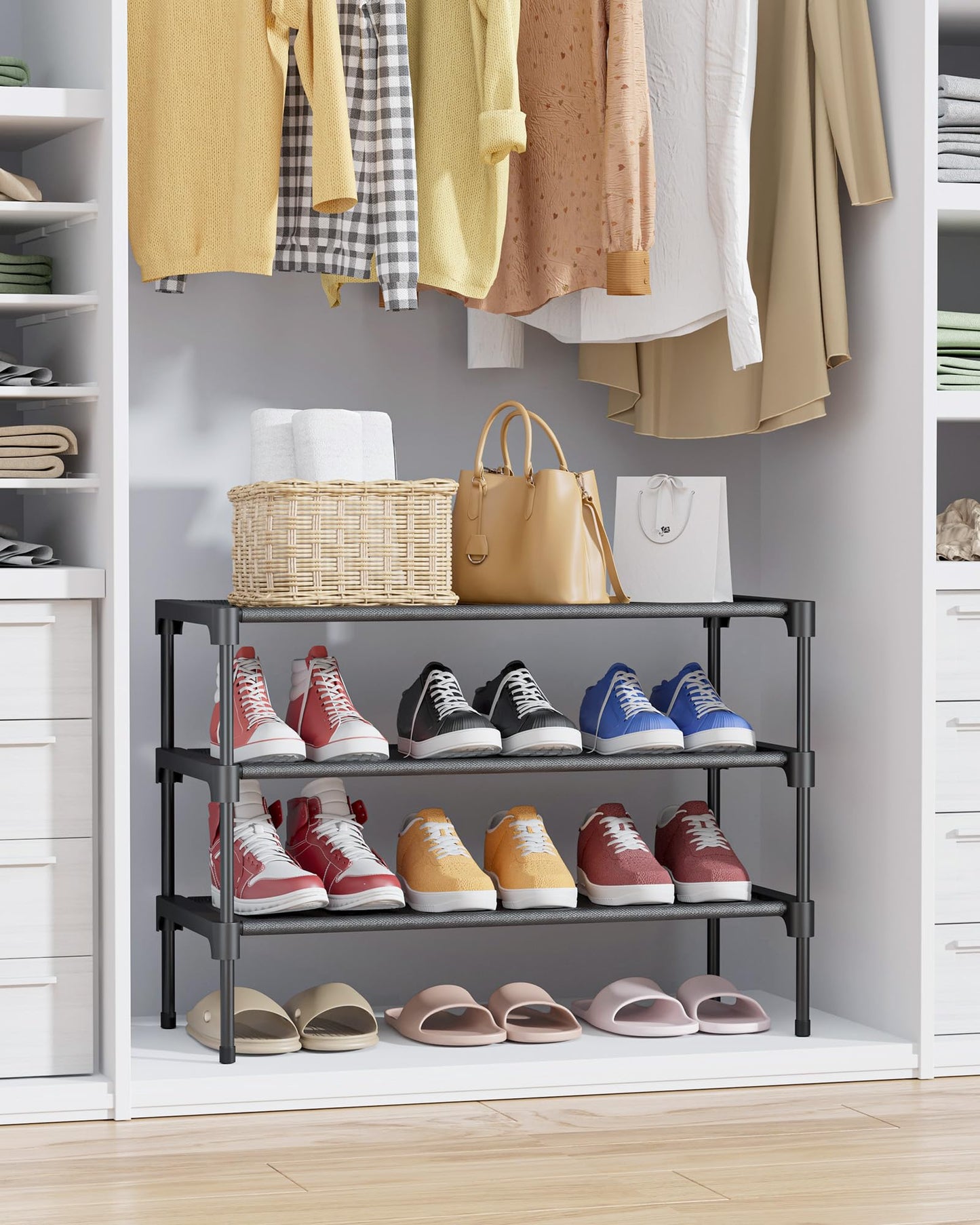Kitsure Shoe Rack - Premium Non-Woven Shoe Rack Shelf, Shoe Organizer for Closet, Entryway, Garage & Corridor, Sturdy & Durable Long Stackable Shoe Shelves, Medium, Black